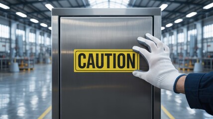 Safety training workplace routine concept. A worker's hand reaches for a caution sign in a spacious industrial setting.