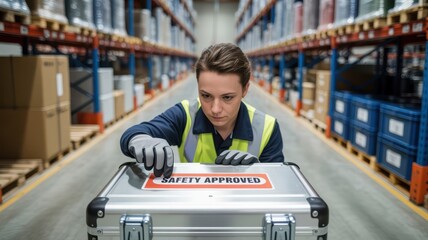 Safety training workplace routine concept. A focused worker inspects a safety-approved case in a warehouse setting.