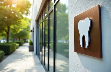 Modern dental clinic building exterior with a white tooth logo on a brown square sign. The facade has large glass windows reflecting green trees and sunny daylight on a walkway.