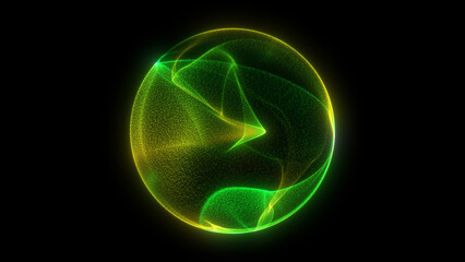 Abstract digital glowing yellow-green neon wavy orb, vibrant energy sphere with glassy surface and dynamic plasma swirl, isolated on black background, luminous futuristic design symbolizing AI core, i