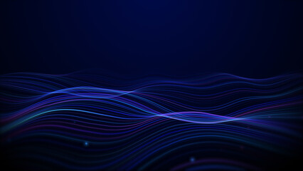 Multicolored lines forming wave-like space against a deep blue background, neon glowing pink, blue, and purple data flow waves creating a futuristic digital landscape, abstract scientific particle mot