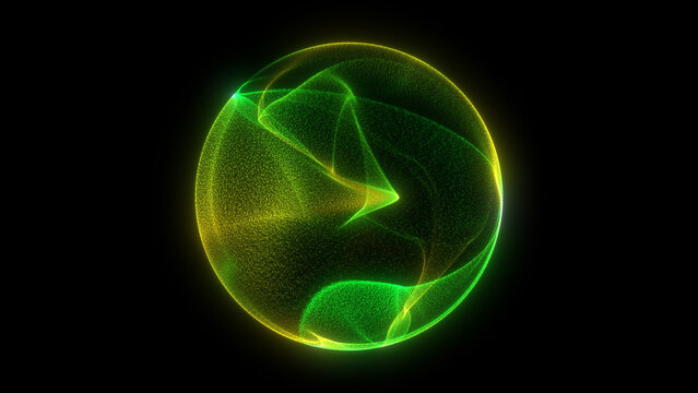 Abstract digital glowing yellow-green neon wavy orb, vibrant energy sphere with glassy surface and dynamic plasma swirl, isolated on black background, luminous futuristic design symbolizing AI core, i
