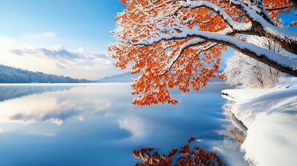 Winter's Embrace: Orange Leaves and Snow-Kissed Branches Over Still Lake Waters