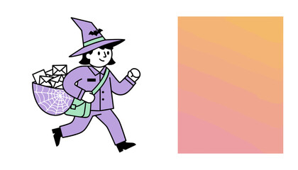 Cheerful witch mail carrier delivering letters with a spiderweb bag Halloween concept