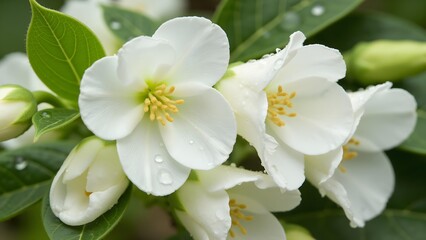 White flowers blooming after rain