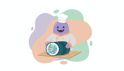 Cute purple chef character happily preparing a sushi roll on a mat Fun food illustration