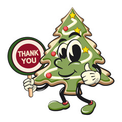 cute christmas tree cookie mascot cartoon character say thank you, vector illustration isolated, work of hand drawn