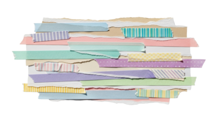 Layered paper scraps in beige, pink, and white with colorful masking tapes, pastel collage aesthetic, torn edge realism, soft shadows and highlights, isolated element for scrapbook design