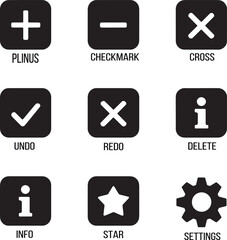 Black and white icons with symbols and labels plus minus