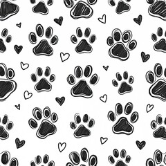 Fototapeta premium Hand drawn dog paw prints and hearts create a playful, cute, seamless pattern on a white background. Black and white sketch style wallpaper design for pets lovers.