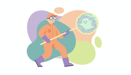 Enthusiastic character in uniform catching a happy ghost with a net fantasy concept