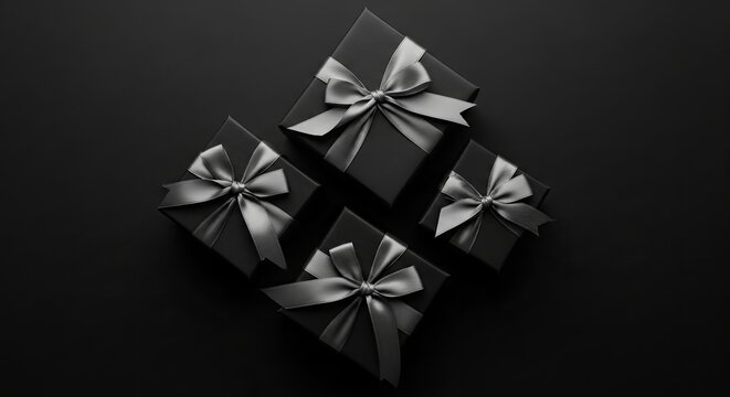 Elegant collection of luxury black gift boxes with sleek silver ribbons, symbolizing celebration, generosity, and thoughtful occasions on a minimalist dark background