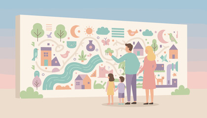 Family gazes at a whimsical illustrated map mural fostering imagination and discovery together