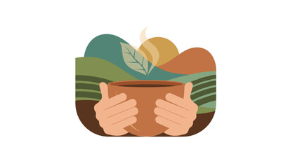 Hands holding a warm steaming cup with a leaf set against a serene natural landscape