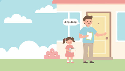 Man and girl doorbell ringing for fundraising or survey showing community interaction