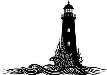Contemporary Art Nouveau Lighthouse Silhouette with Ornamental Seaweed Vector	