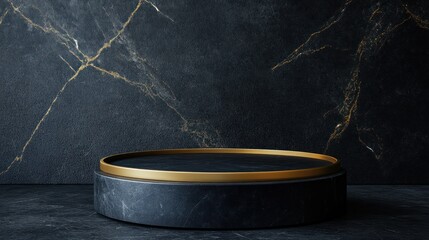 Gold-rimmed black marble display stand against dark marble