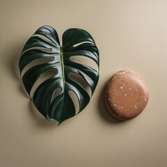 Elegant Monstera Leaf Flat Lay — Minimalist Botanical Still Life with Zen Stone