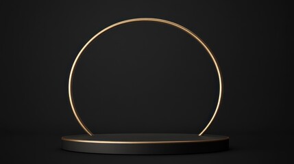 Elegant black product display stand with gold ring, dark background, for online store visuals