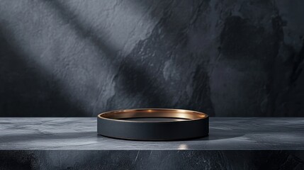 Dark marble platform, golden ring, shadow background, product display
