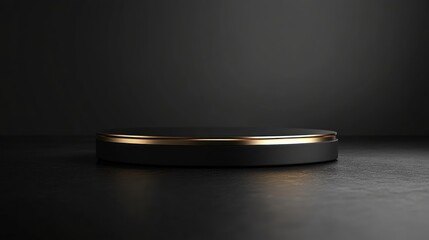 Black gold cylindrical podium, dark studio background, product display, minimal design