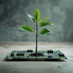 Green Technology and Sustainable Growth Concept — Sapling Growing from a Circuit Board