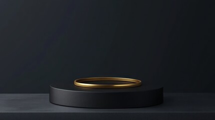 Gold ring on black pedestal, dark background, product display, advertising