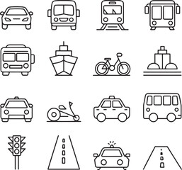 Collection of transportation icons including cars buses trains and bicycles taxi