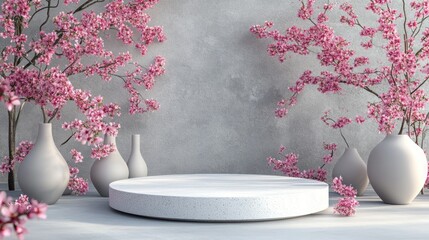 White podium, cherry blossoms, grey wall, product display