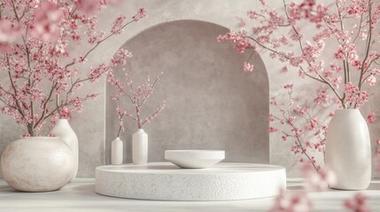 Minimalist spring scene with cherry blossoms, product display, arched background