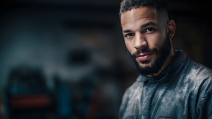Fototapeta premium A confident bearded mechanic in dusty workwear poses in a gritty industrial workshop