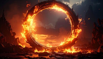 A blazing fiery portal dominates a dramatic landscape with jagged rock formations. The gateway is rimmed by intense flames, reflecting on a moody sky