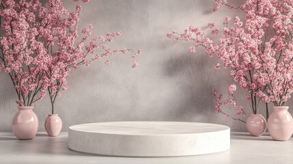 Pastel pink cherry blossoms flank marble product display