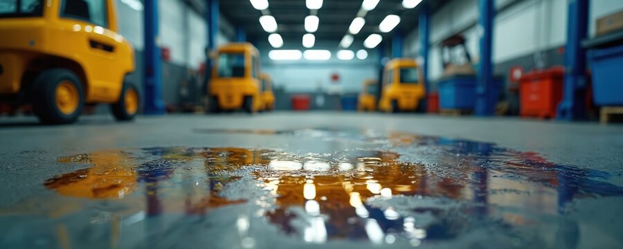 Oily water pools on concrete floor in mechanic shop with yellow forklifts in background. Blurred industrial interior with reflections in liquid puddles.