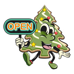 cute christmas tree cookie mascot cartoon character showing a sign that says open, vector illustration isolated, work of hand drawn