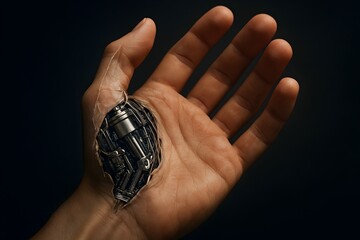 Futuristic Human Hand Robot with Mechanical and Metallic Implants Exposed 