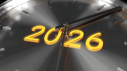 Glowing Yellow 2026 Numbers with Shiny Metallic Reflection on Black Background