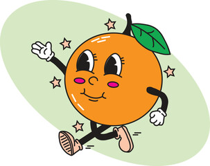 Retro cartoon orange character with face waving with stars on light green background happy