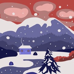 Fototapeta premium Minimalist winter landscape illustration with snowy mountains, a small cozy cabin, tree, and falling snow. The scene features a warm, colorful sky in shades of red and pink, creating a peaceful winter