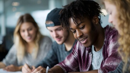 A diverse group of young students collaborates on a project around a table in a bright indoor setting focused and engaged in learning
