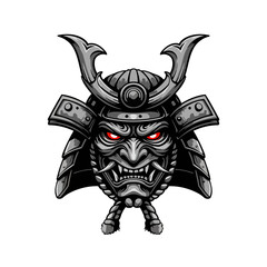 Fierce Traditional Samurai Warrior Mask Vector Illustration with Piercing Red Eyes