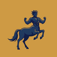 Dynamic Muscular Centaur Rearing Up Vector Illustration with Flexed Biceps on an Ochre Background