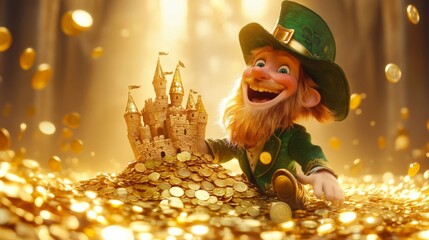 Happy Leprechaun guarding a golden castle and coins
