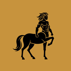 Powerful Black Centaur Silhouette Vector Illustration on Golden Ochre Background