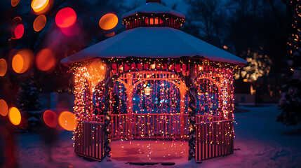 Festive Pavilion Covered in Christmas Lights and Snow at Night
