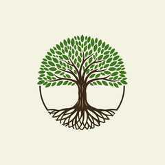 Stylized Tree of Life Vector Illustration with Lush Green Leaves, Brown Trunk, and Intricate Roots in a Circular Design