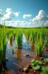Fototapeta premium Green rice sprouts grow in flooded field under sunny blue sky with clouds. Water reflects light and plants, showing rural farm landscape, natural growth and wet soil.