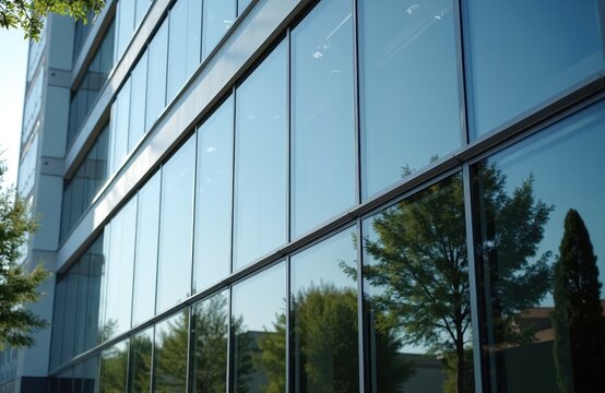 Modern building facade with glass windows reflects trees. Facade construction tinted glass to filter sun. Sunlight reflects urban architecture. Green trees near office building exterior creating eco