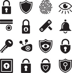 Security icons featuring locks shields fingerprint eye key bell camera and safe vector
