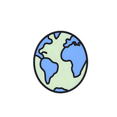 Simple graphic illustration of planet Earth with blue oceans and green land, an outlined icon representing global connectivity, environmental awareness, and worldwide communication concepts